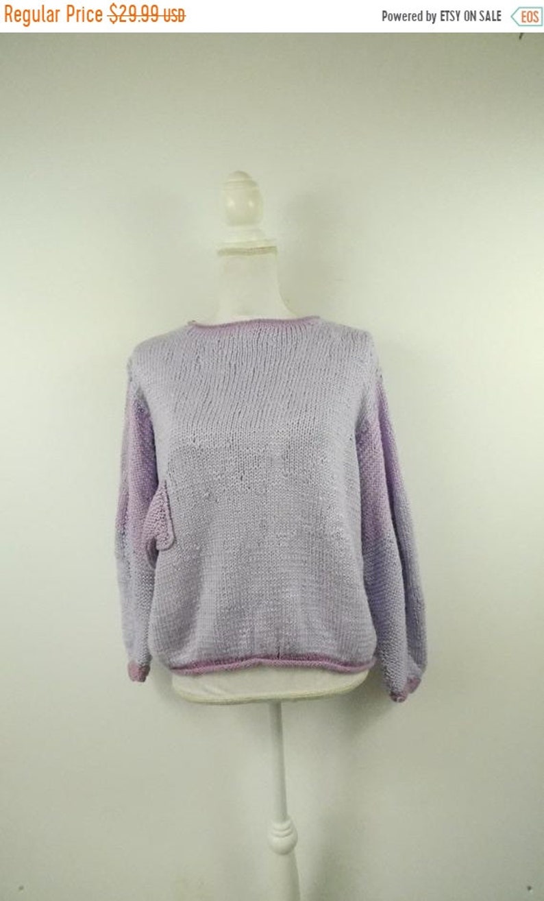 50/% SUMMER SALE Vintage 60s Pastel Lavender Purple Pocket Ribbed Knitted Minimal Boatneck Long Sleeve Thick Sweater Top Blouse Sz Large
