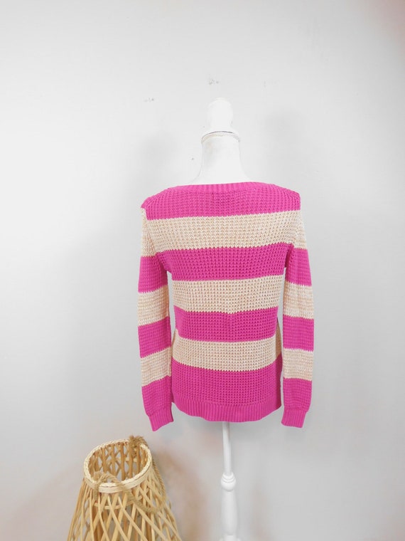 Vintage 90s Hot Pink Khaki Horizontal Striped Pri… - image 2