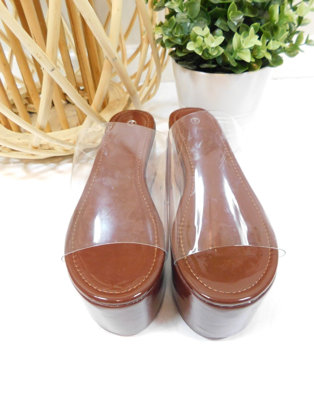 Vintage 00s Dark Brown Transparent Clear Acrylic Chunky Platform Patent PU Leather Thick Open Toe Shoes High Heels Sandals Sz 6