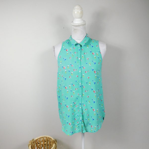 Vintage 90s Ship Sailboat Print Mint Green Primary Colorful Button Down Collared Sleeveless Shirt Tank Top Blouse Sz Medium