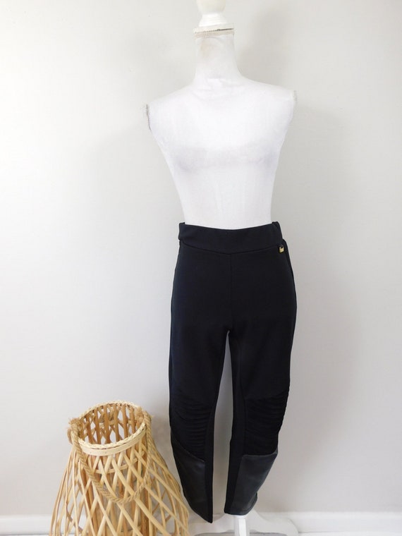 Vintage 90s Marc New York Black Faux Leather Trim Textured Knee High Waist  Stretch Skinny Cut Leggings Pants Tights Sz Small 