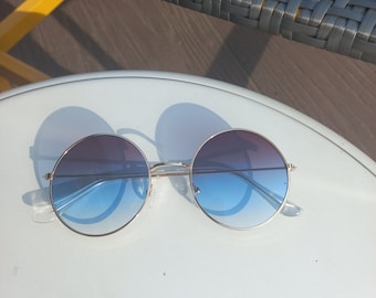 Vintage 00s Purple Blue Ombre Round Shaped Gold Metal Frame Oversized Transparent Fashion Plastic Sunglasses Lens Glasses Eyewear