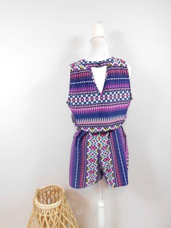 Vintage 90s Navy Colorful Tribal Geometric Print … - image 5