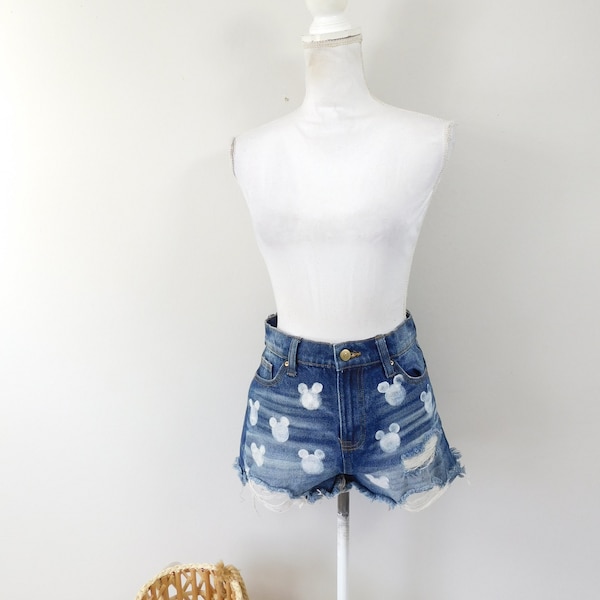Vintage 90s Hand Painted Mickey Mouse Cut Off Ripped Jean Dark Blue Wash High Waist Denim Frayed Booty Shorts Bottoms Sz 3 Small