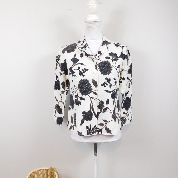 Vintage 90s Kasper Floral Flower Polka Print Black White Linen Blend Button Up Collared 3/4 Sleeve Blouse Shirt Top Sz 4 Small