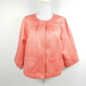 Vintage 90s Ruby Rd. Coral Pink Faux Leather Snap Button Up Crewneck Aline Pockets Minimal 3/4 Sleeve Formal Jacket Coat Sz 12 Large
