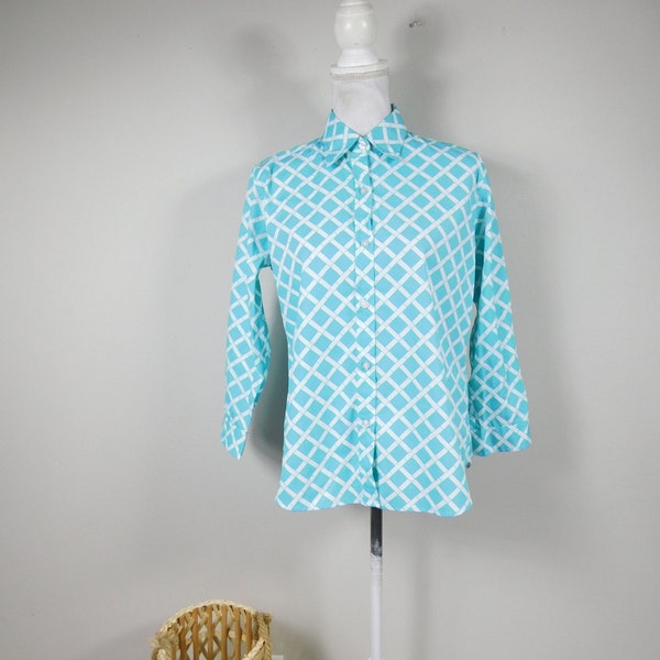 Vintage jaren '90 Cape Elizabeth Basket Weave Print Aqua Blauw Wit Button Up Collared Katoen Shirt met lange mouwen Top Blouse Sz 8 Medium
