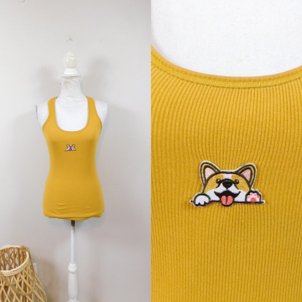 Vintage 90s Yellow Mustard Corgi Dog Face Embroidered Print Stretch Sleeveless Scoop Neck Tank Top Blouse Shirt Sz Small