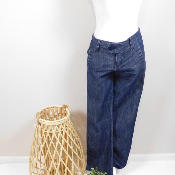 Vintage 90s Dark Blue Wash Denim Cotton Blend Button Low Rise Wide Leg Minimal Bell Bottoms Jeans Pants Trousers Sz 3 Small