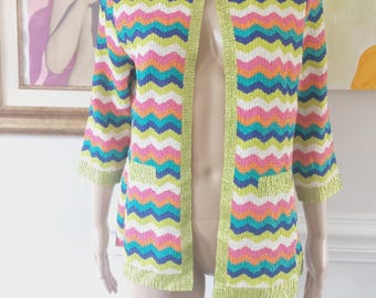Camicia/giacca vintage anni '80 Berek con stampa a chevron colorata, in poliestere elasticizzato stropicciato, aperta, leggera, a maniche a 3/4, taglia L