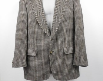 Mens Vintage 80s Tommy Hilfiger Brown Tan Houndstooth Plaid Print Lined Tailored Button Up Sports Suit Blazer Jacket Sz 39R Large