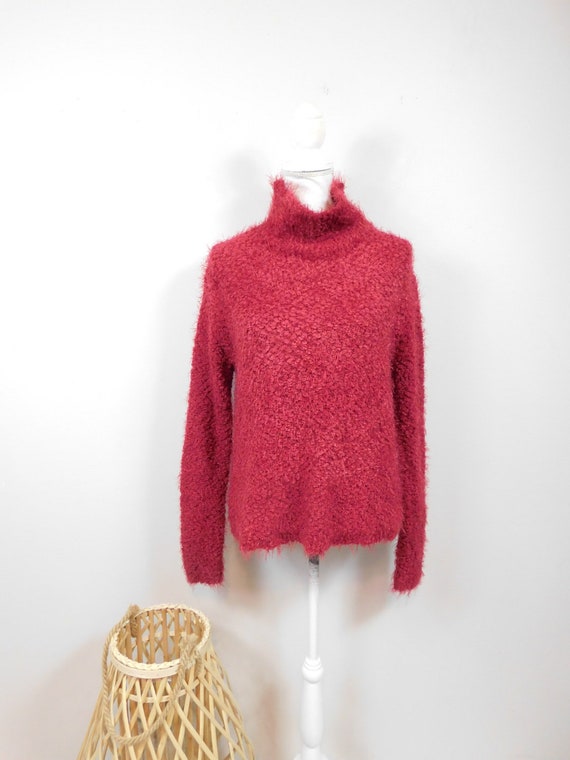 Vintage 1990s Burgundy Red Faux Fur Fuzzy Knitted 