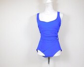 50 OFF BLOWOUT SALE Vintage The Slimsuit Royal Blue Silver Tone Ruched Wrap Low Back Minimal One Piece Swimsuit Bathing Suit Swimwear Large