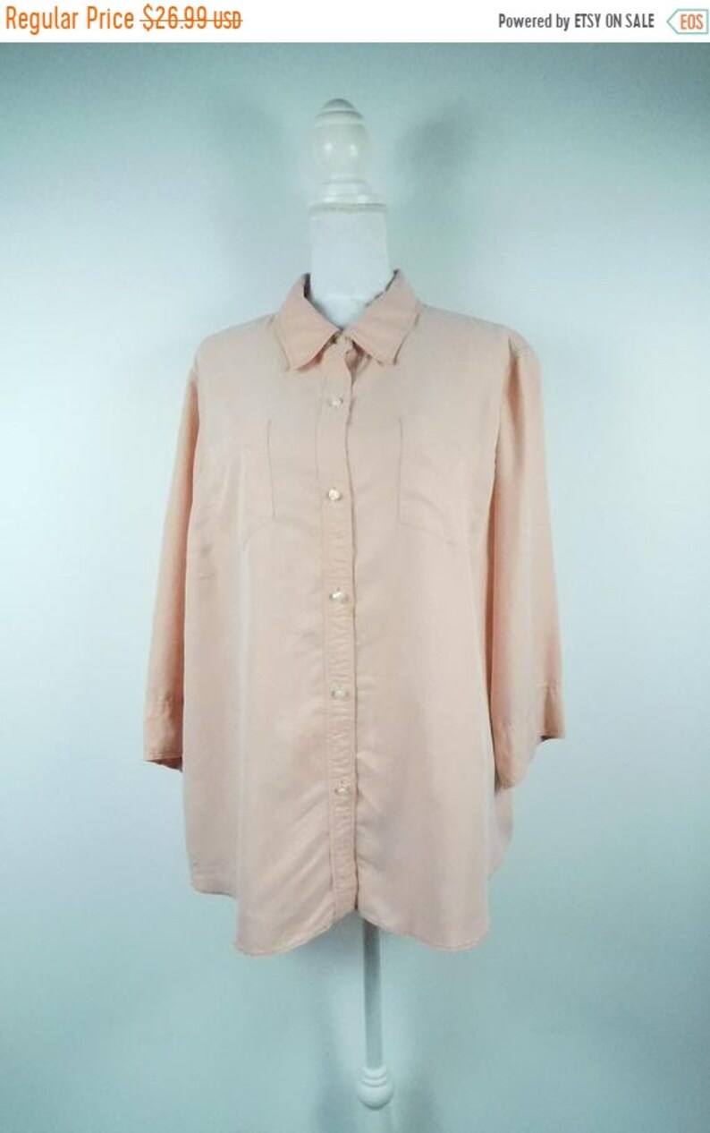 50/% SUMMER SALE Vintage 1990s Liz Caliborne Mauve Solid Pink Collared Button Down Chest Pocket Minimal Long Sleeve Blouse Top Shirt Sz 20W P