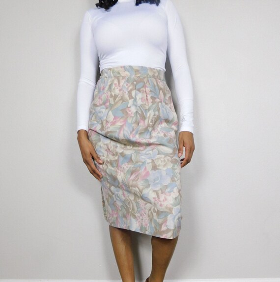 Vintage 80s Southern Lady Beige Muted Pastel Floral Flower Print Pleated Front High Waist Knee Length Pencil Skirt Bottom Sz Medium Etsy