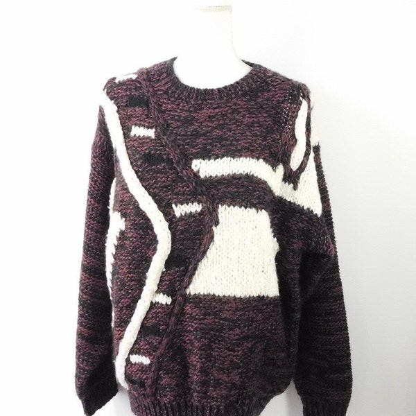 Mens Vintage Handmade 80s Peter England Black Purple Abstract Print Thick Knitted Crocheted Acrylic Long Sleeve Sweater Large