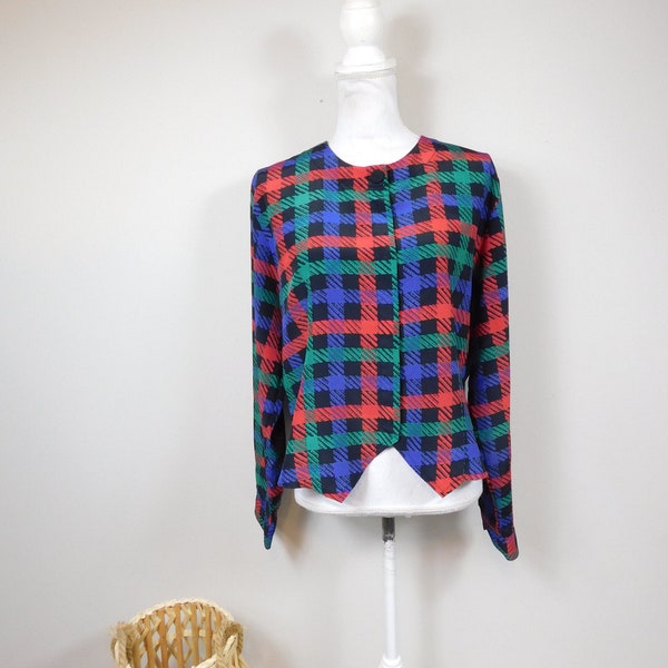 Vintage 80s Yves St. Clair Black Red Houndstooth Plaid Print Hidden Button Up Long Sleeve Blouse Top Shirt Sz 16/XL Plus Size