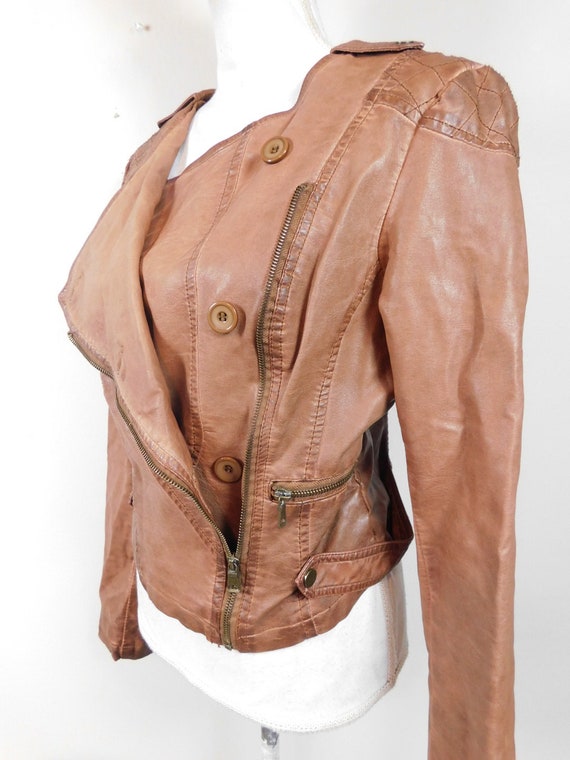Vintage 00s Camel Tan Brown Faux Leather Button A… - image 2