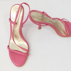 Vintage 90s Nine West Hot Pink Strappy Real Leather Open Toe Minimal Low Stiletto Heels Shoes Slingback Sandals Sz 5.5 Narrow
