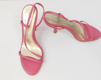Sandali con cinturino alla caviglia, stiletto basso minimale, punta aperta, in vera pelle, stile vintage anni '90, Nine West, taglia 5,5, stretti