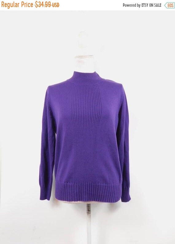 50/% SUMMER SALE Vintage 60s Pastel Lavender Purple Pocket Ribbed Knitted Minimal Boatneck Long Sleeve Thick Sweater Top Blouse Sz Large