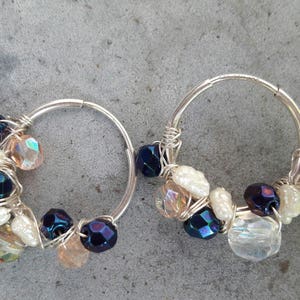 Silver creoles, earrings with crystal beads and freshwater pearls no. 29