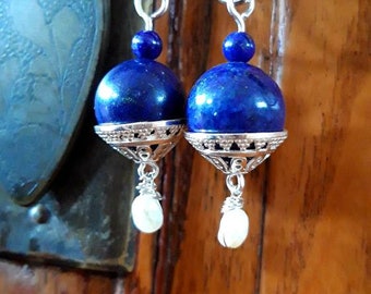 Earrings sterling silver with Lapis lazuli and a small freshwater pearl. Unique and handmade.