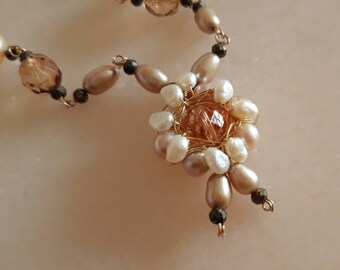 Goldfilled choker with freshwater pearls, facet cut pyrite and bohemian crystal