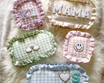 Custom Makeup Bag Gingham Personalized Gift For Her Coquette Ruffle Gingham Cosmetic Bag Bachelorette Party Favor Bag Bridesmaid Proposal