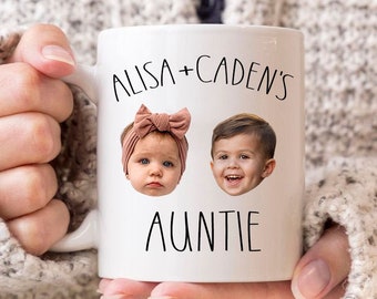 Christmas Gift for Auntie Custom Face Mug, Personalized Aunt Coffee Cup with Kids Photo and Names, Birthday Gift for Aunt from Niece Nephew