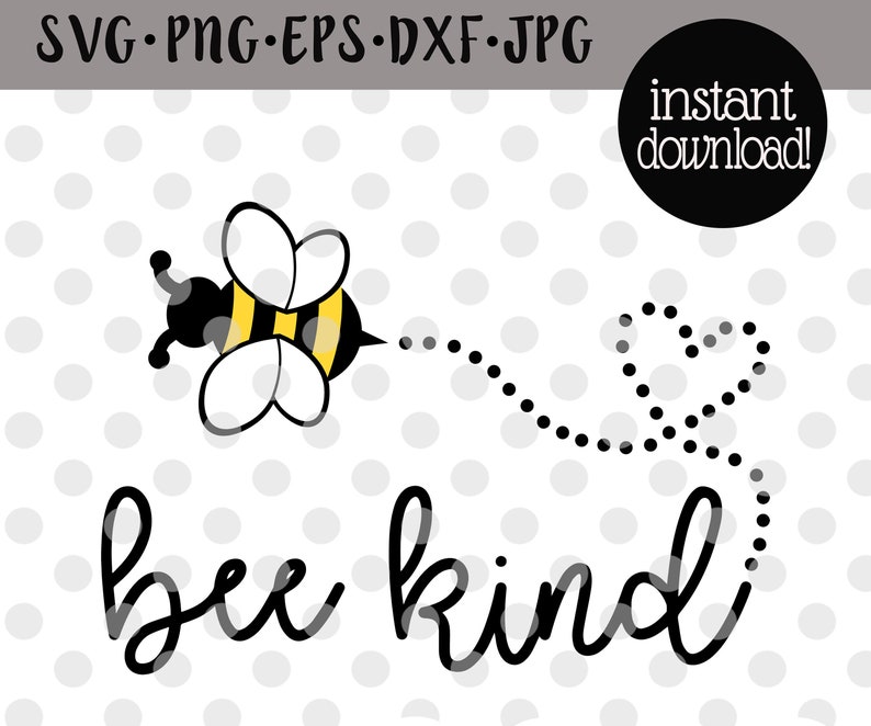 K&ouml;nnte beinhalten: Eine schwarz-gelbe Biene mit wei&szlig;en Fl&uuml;geln fliegt in einer gepunkteten Linie auf den Text "bee kind" in schwarzer Kursivschrift auf wei&szlig;em Hintergrund mit grauen Punkten zu.