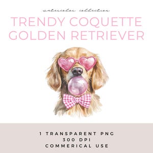 Golden Retriever Coquette Png Cachorro fofo aquarela soprando chiclete com laço rosa e óculos de sol de coração Cachorro mãe dia dos namorados