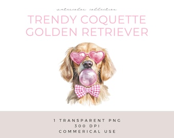Golden Retriever Coquette Png Cute Watercolor Dog Blowing Bubble Gum With Pink Bow And Heart Sunglasses Dog Mom Valentine's Day