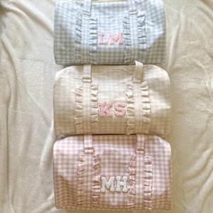 Duffle Bag Patches Women Girls Teen Gingham Ruffle Duffle Bag With Patches Personalized Overnight Bag Custom Weekender Hospital Gym Bag