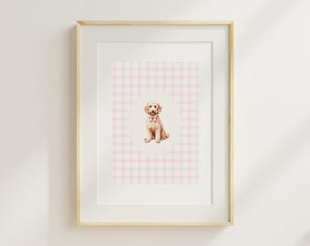 Goldendoodle Nursery Print Printable Wall Art Baby Girls Nursery Decor Gingham Pink  Vintage Nursery Coquette Decor Digital Download