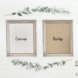 May include: Two framed canvases, one with a white canvas and the other with a burlap canvas. The frames are a light wood color with a beveled edge. The text "Canvas" and "Burlap" is printed below each canvas. The text "Beveled Ivory" is printed below the frames.