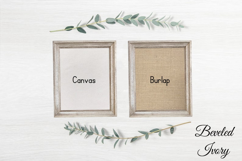 May include: Two framed canvases, one with a white canvas and the other with a burlap canvas. The frames are a light wood color with a beveled edge. The text "Canvas" and "Burlap" is printed below each canvas. The text "Beveled Ivory" is printed below the frames.