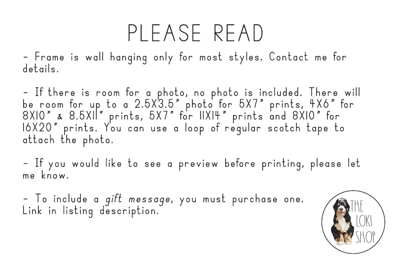 May include: Text on a white background with black text that reads "PLEASE READ" followed by a list of instructions for ordering prints. The text includes information about the size of the prints and how to attach a photo. The text also includes a link to the shop's listing description. The text is followed by a logo for "THE LOKI SHOP".