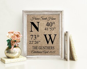 Personalized Housewarming Gift Home Sweet Home Coordinate Sign GPS Longitude Latitude Print Realtor Gift