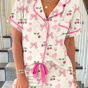 Coquette Pajama Shorts Set With Pink Bow And Cherry Print Gift For Women Lounge And Sleepwear Gift For Her