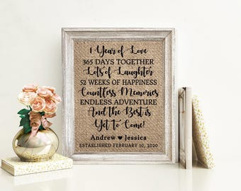 May include: A framed burlap print featuring black text that reads 1 Year of Love, 365 DAYS TOGETHER, Lots of Laughter, 52 WEEKS OF HAPPINESS, Countless Memories, ENDLESS ADVENTURE, And the Best is Yet To Come!, Andrew heart Jessica, ESTABLISHED FEBRUARY 10, 2020.