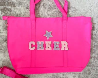 Cheer Bag Custom Name Customizable Chenille Patch Tote Bag Personalized Teen Tote Bag Overnight Weekender Tote Bag With Zipper