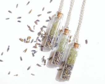 Lavender and Lichen Necklace with Long Silver Chain, Botanical Nature Jewelry, Terrarium Style, Dainty Plant Jewellery, Bridesmaid Gift