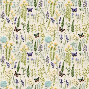 May include: A cream-coloured fabric with a repeating pattern of embroidered wildflowers and butterflies. The design includes yellow, purple, and white flowers, green foliage, and butterflies with red, black, and white wings. The overall effect is a delicate, nature-inspired design.