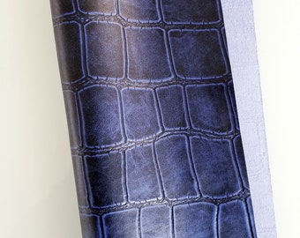 Real Leather Fabric, Royal Blue and Black Embossed Mock Croc / Alligator Cowhide