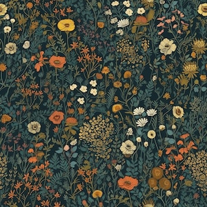 Könnte beinhalten: Ein nahtloses Muster mit verschiedenen Blumen in Orange-, Gelb- und Weißtönen auf einem dunkelblauen Hintergrund. Die Blumen sind in einem zufälligen Muster angeordnet, was ein verspieltes und organisches Gefühl erzeugt.