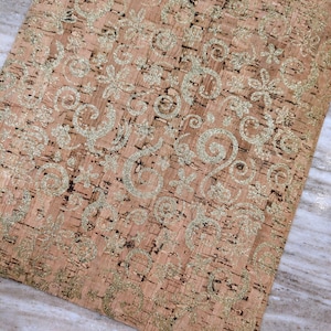 Genuine Cork Sheets, Floral Metallic Gold Cork Applied to Suede Leather For Strength And Body, Natural Cork Leather, Real Cork Fabric