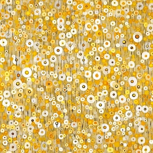 May include: Abstract art print featuring a pattern of yellow, white and black circles on a textured background.