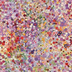 Könnte beinhalten: Abstrakter Kunstdruck mit einem farbenfrohen Mosaik aus kleinen Kreisen in den Farben Lila, Rosa, Rot, Gelb und Grün.