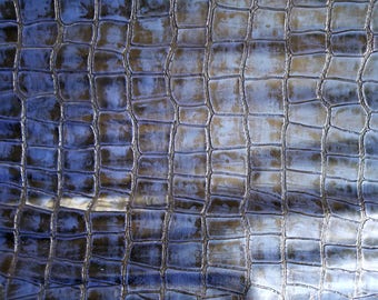 Real Leather Fabric, Royal Blue and Black Embossed Mock Croc / Alligator Cowhide, 14 X 16 / 15 X 15 inch